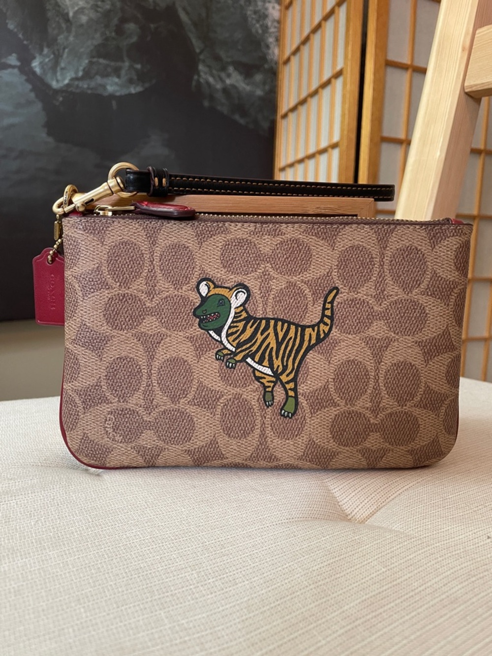 Coach Signature Canvas Small Wristlet with Tiger Rexy  Brass/Tan 1941 Red Multi